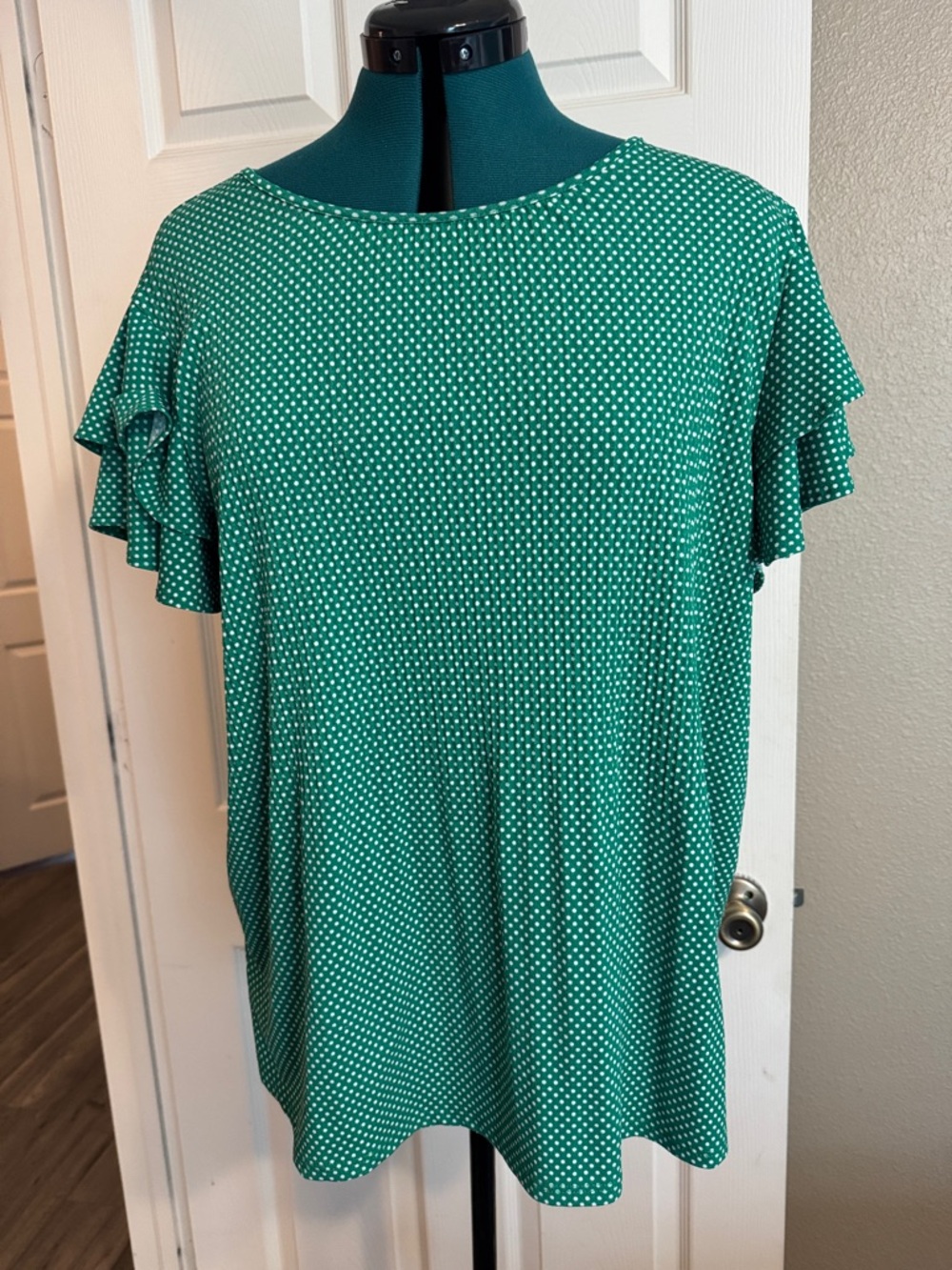 Adrianna Papell Green Polka Dot Ruffle Sleeve Tee